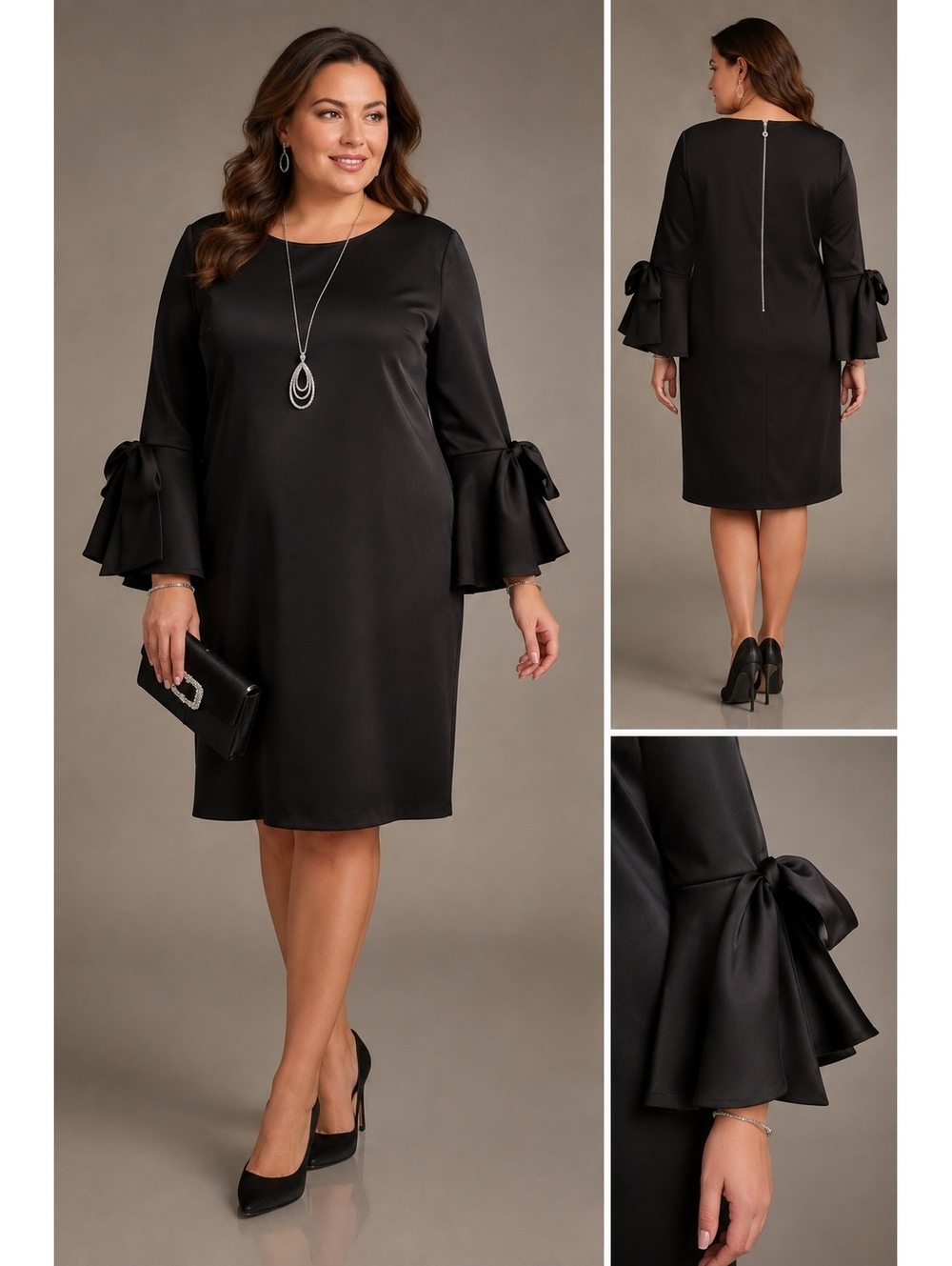 Joseph Ribkoff Size 18 Black Satin Shift Dress Bow Bell Sleeves Cocktail